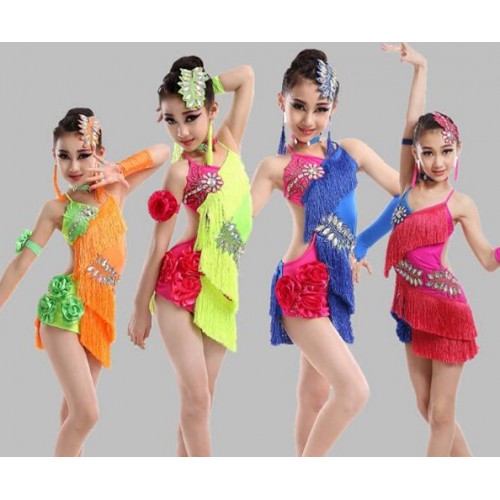 Royal blue orange neon green hot pink fringes tassels competition girls performance latin salsa ballroom dance dresses